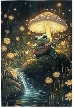 Enchanted Forests Frog, 1000 Pieces Adult Wooden Jigsaw Puzzle, Green Amphibian Playing Lute Under Glowing Mushroom with,Pleasure Both Body and Mind,Forget The Troubles of Life