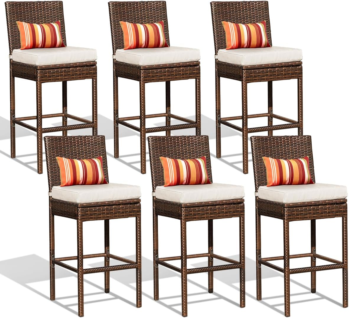 Sundale Outdoor Wicker Bar Stool Set of 6, 30 Inch Seat Height Patio Counter Height Stool with Back Rest, Rattan Woven Tall Chair with Pillow & Beige Cushion, High Bar Stool - Steel, Brown
