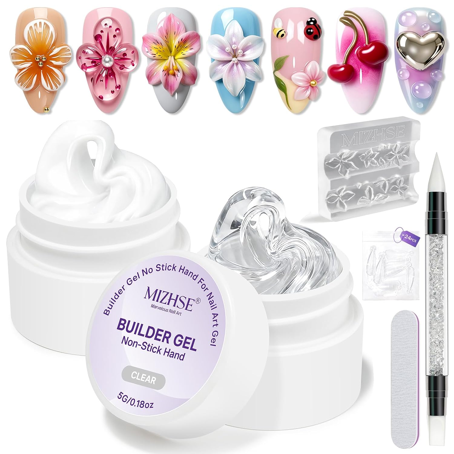 MIZHSE 3D Sculpting Gel for Nail Art, 2PCS Clear and White 3D Molding Gel
