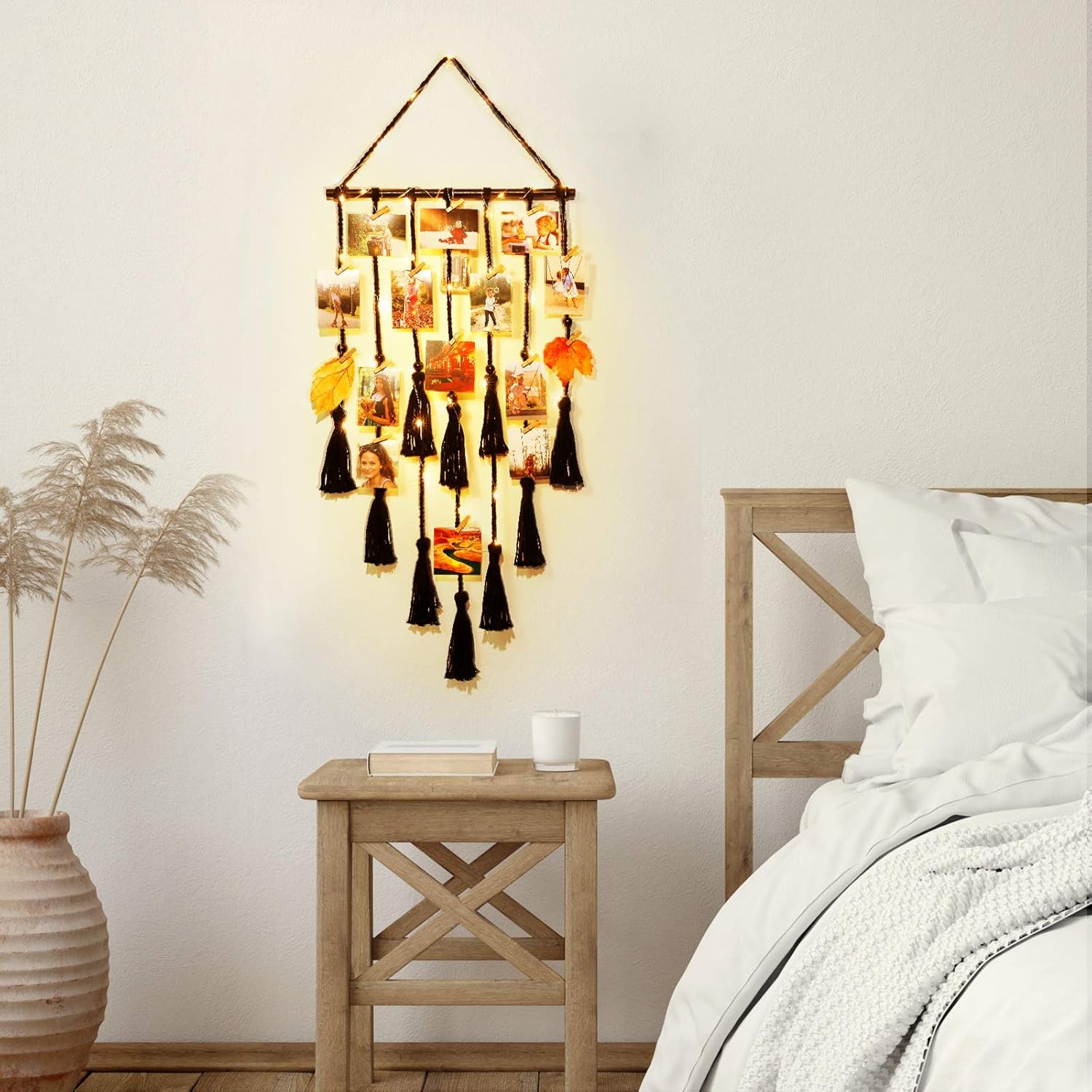 Homecor Hanging Photo Display Wall Decor, Black Macrame Hanging Boho Room Decor, Picture Frame Collage with Remote Light 30 Clips, Bedroom Apartment Home Decor, Christmas Mom Grandma Teen Girl Gifts - Image 3