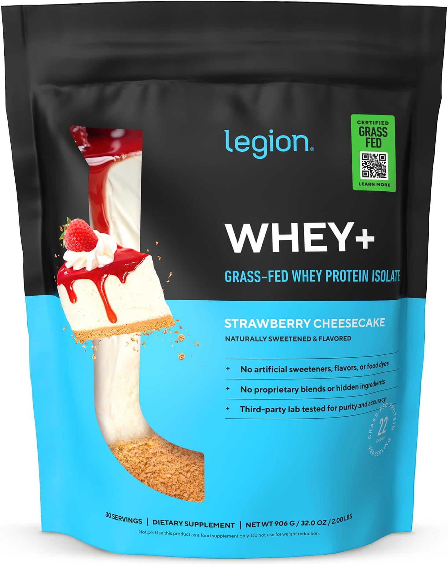LEGION Whey+ Protein Whey Isolate from Grass Fed Cows - Whey Protein Isolate Low Calorie, Non-GMO, Sugar Free, Lactose and Gluten Free, All Natural Protein Powder 30 Servings (Strawberry Cheesecake)