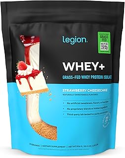 LEGION Whey+ Protein Whey Isolate from Grass Fed Cows - Whey Protein Isolate Low Calorie, Non-GMO, Sugar Free, Lactose and Gluten Free, All Natural Protein Powder 30 Servings (Strawberry Cheesecake)