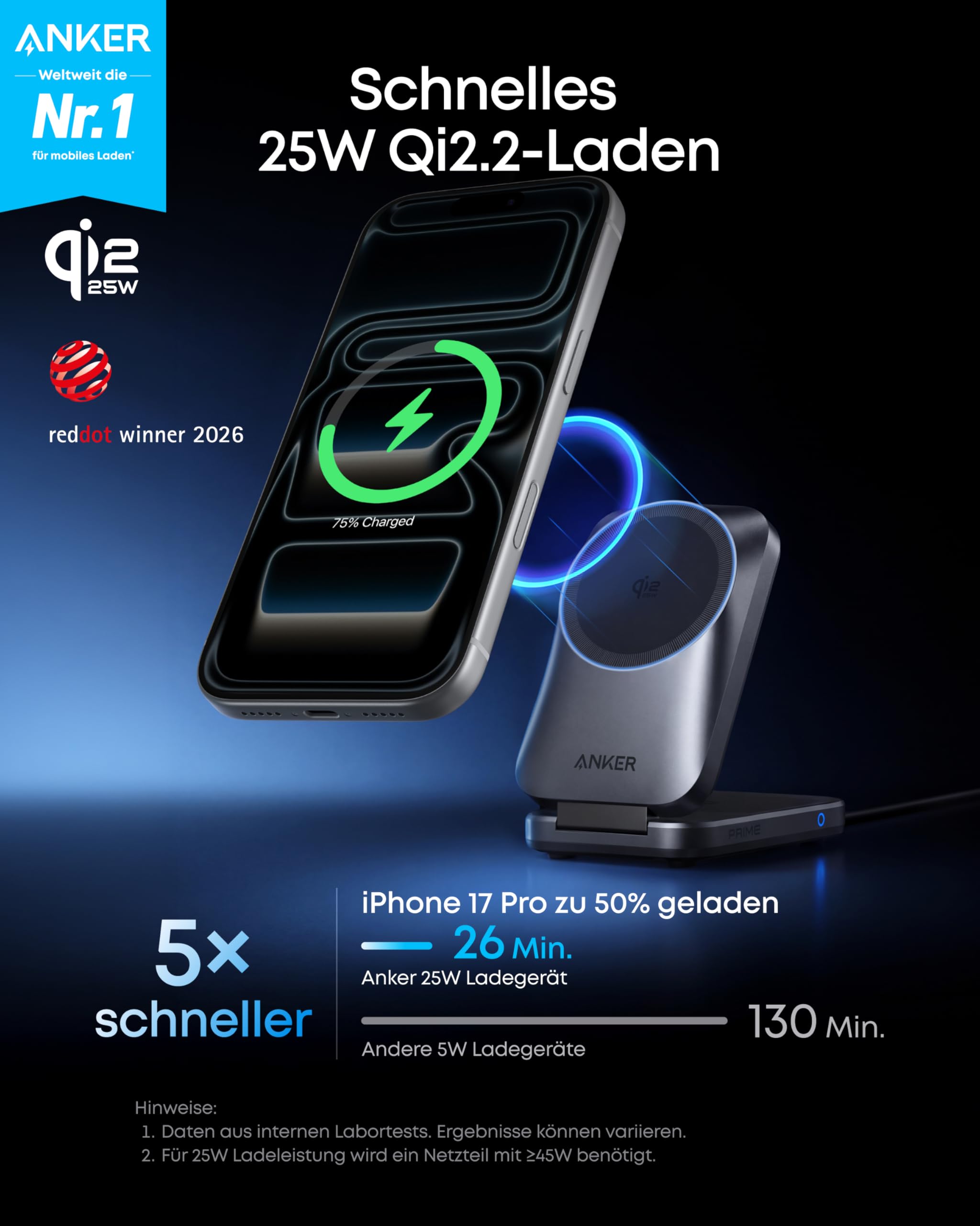 Anker Prime 3-in-1 Ladestation, AirCool kabelloses Ladegerät, 25W Qi2.2-Zertifiziert, kompakt & faltbar, MagSafe-kompatibel für iPhone 17, Apple Watch & AirPods (ohne Akku, Netzteil erforderlich)