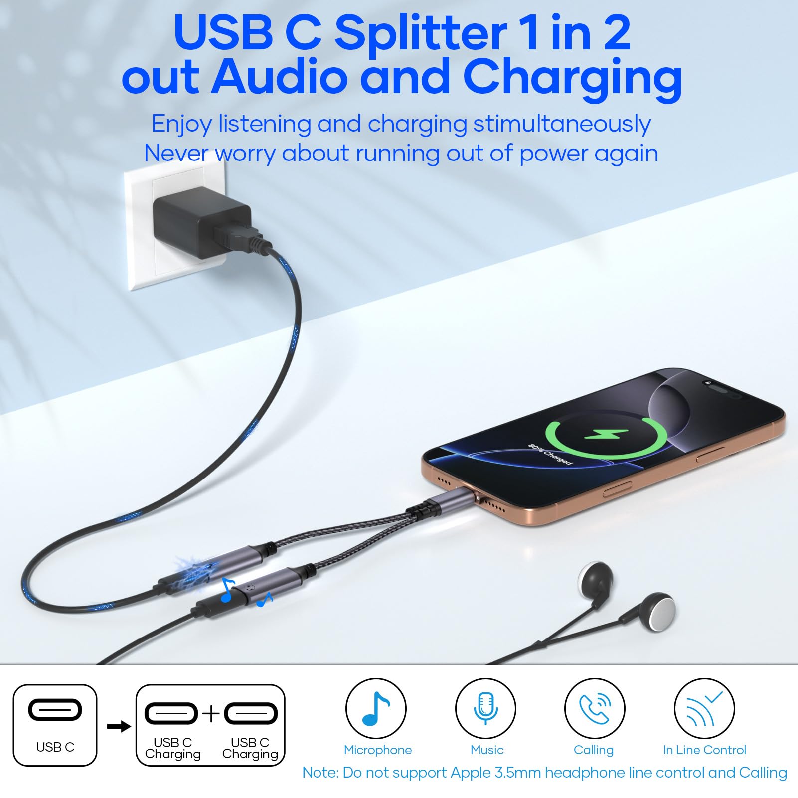 Répartiteur Double USB C 2 en 1 Adaptateur USB-C Audio et Charge pour iPhone 16 15 Pro Max iPad Samsung S25 S24 S23, Gris