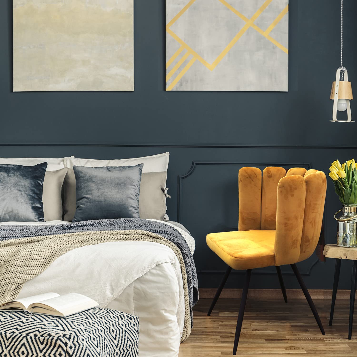 HOME DECO FACTORY - HD6520 Lote de 2 Sillas de Terciopelo Amarillo Capitoneado, Patas de Metal, Mobiliario Elegante para Salón, Comedor, Entrada, Dormitorio - 79 x 59,5 x 47,5 cm