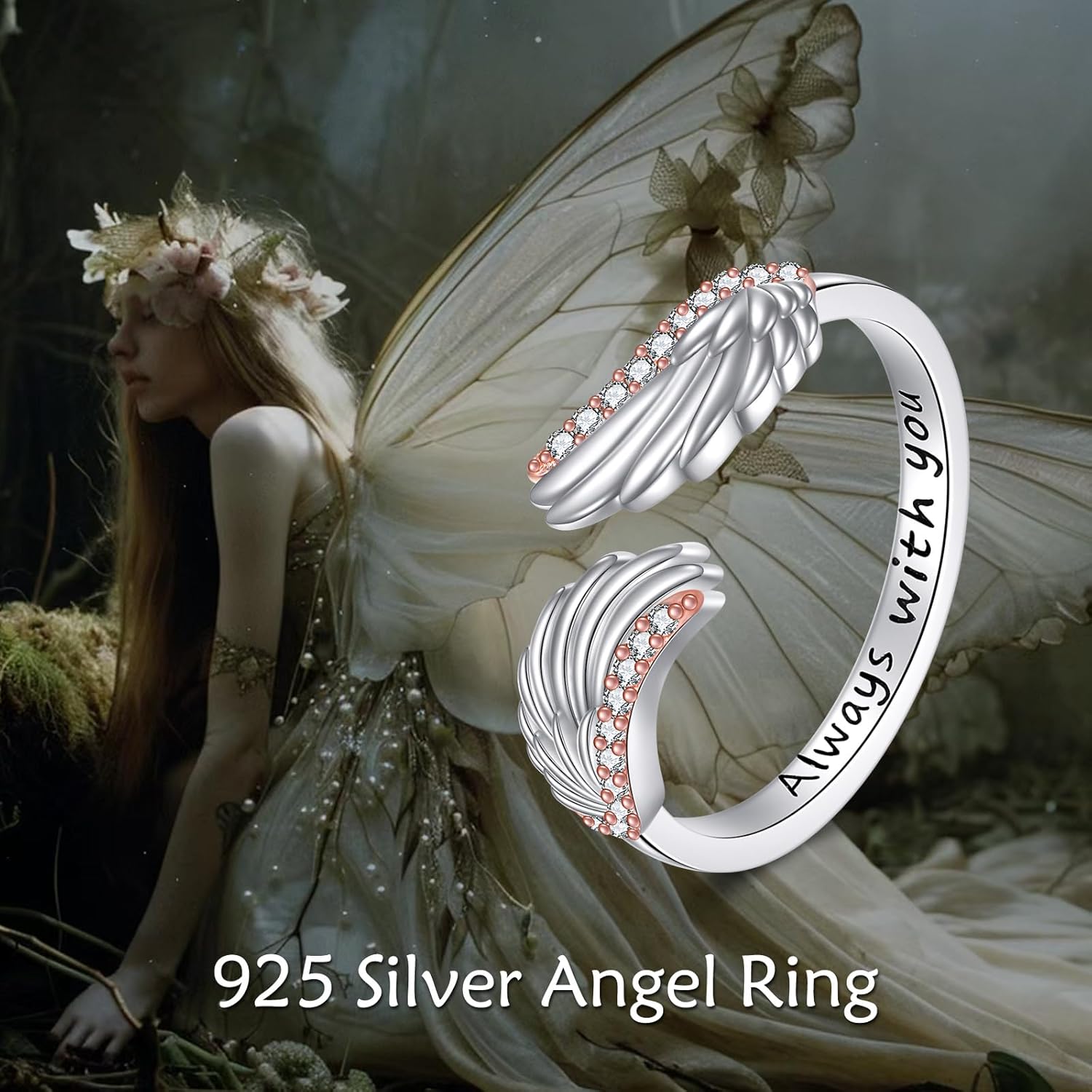 Angel Wing Ring Sterling Silver Adjustable Feather Wrap Rings for Women - Image 6
