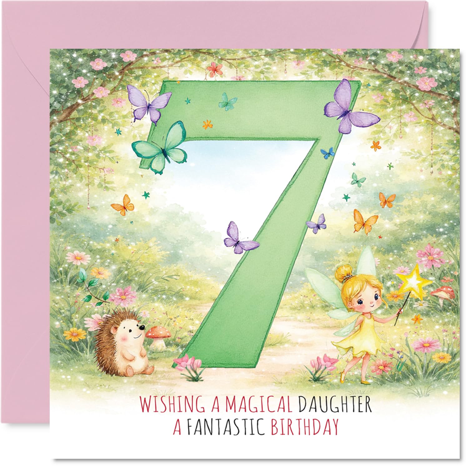 Cute 7th Birthday Card for Daughter - Bursting with Birthday Magic - Fairy, Hedgehog and Nature Scene with Bold Number Seven - 145mm Square, Envelope Included