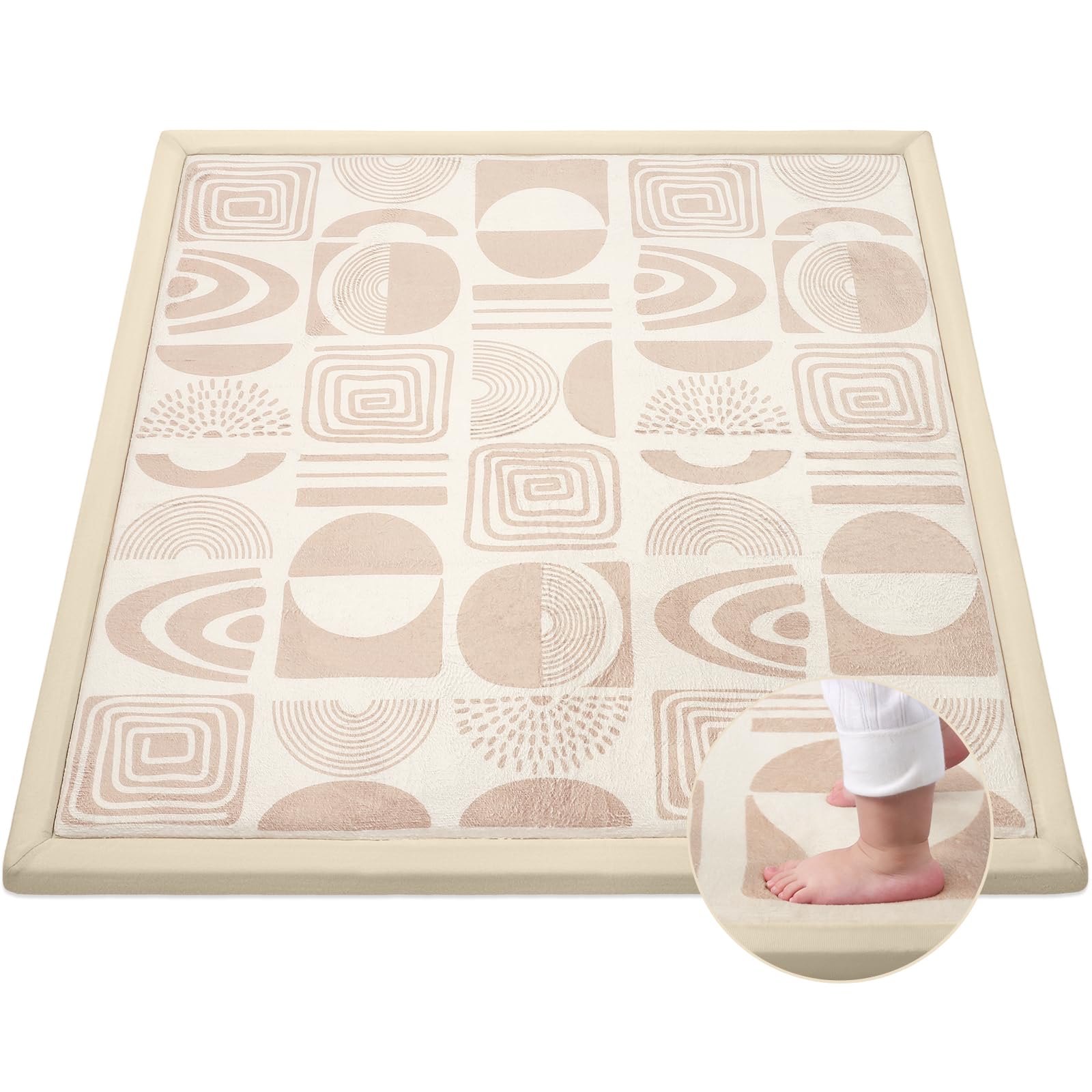 Tappeto Gioco Neonato Gattonamento, 127x127x3cm, Tappetone Pieghevole per Bambini, Superficie in Morbida Flanella con Base Antiscivolo per Camera e Soggiorno - Motivi Geometrici Marroni