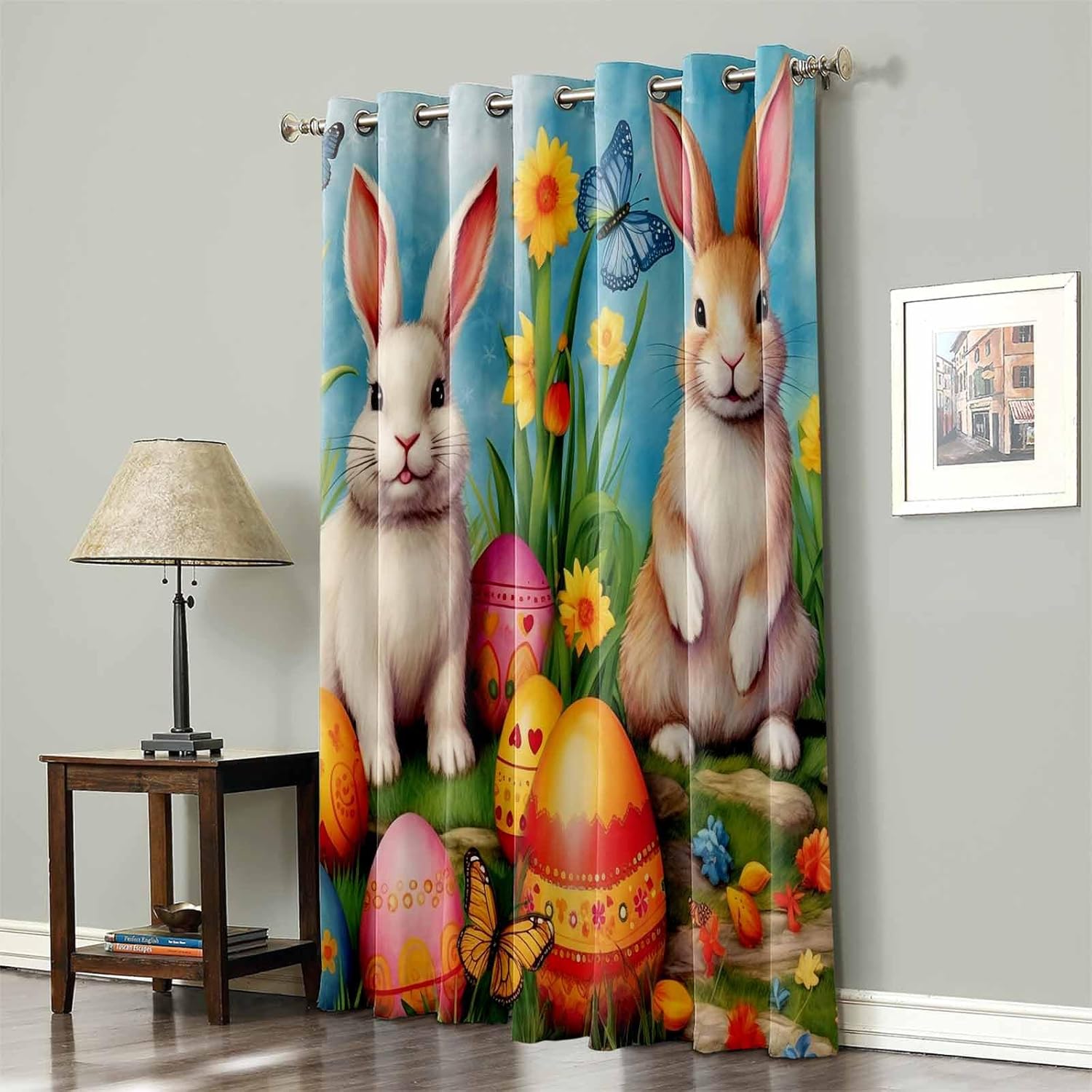 Blackout Curtain 24 inch Length for Living Room Bedroom, Watercolor Easter Eggs with Rabbit and Floral Room Darkening Window Drapes Grommet Thermal Insulated Curtain Panel for Home Sliding Door Decor