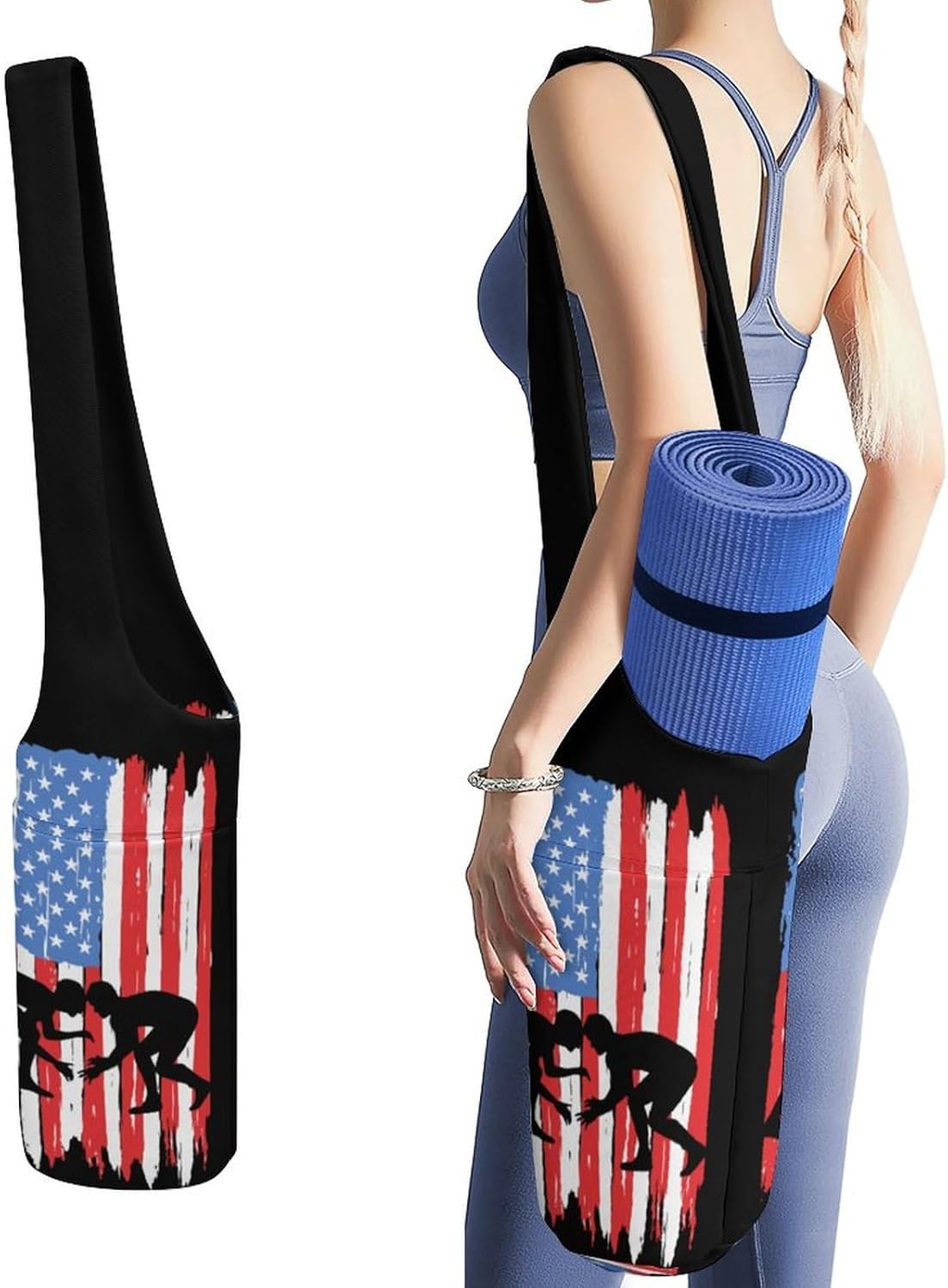 U.S.A. Wrestling Flag Lightweight Yoga Mat Bag with Pockets Portable Canvas Carrying Shoulder Bags for Women Men