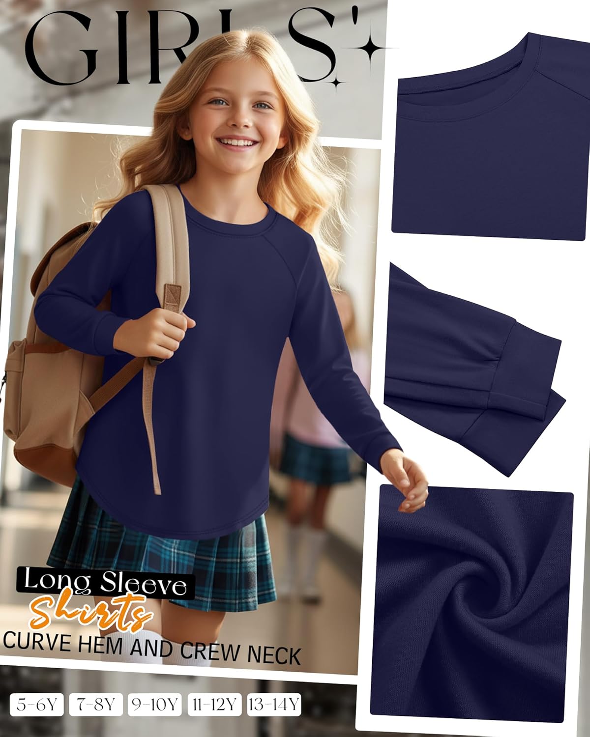 5 Pack Girls' Long Sleeve Shirts Curve Hem Crewneck Tops Raglan Loose Fit Casual Kids Basic Tees Fall - Image 2