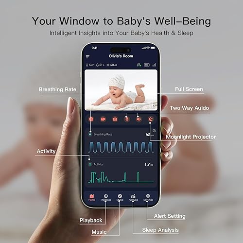 Miniatura 4 de iBaby i7 Monitor de respiración sin contacto para bebés, monitor de salud: respiración de pista, patrón de sueño - Cámara WiFi de 1080p, vista de