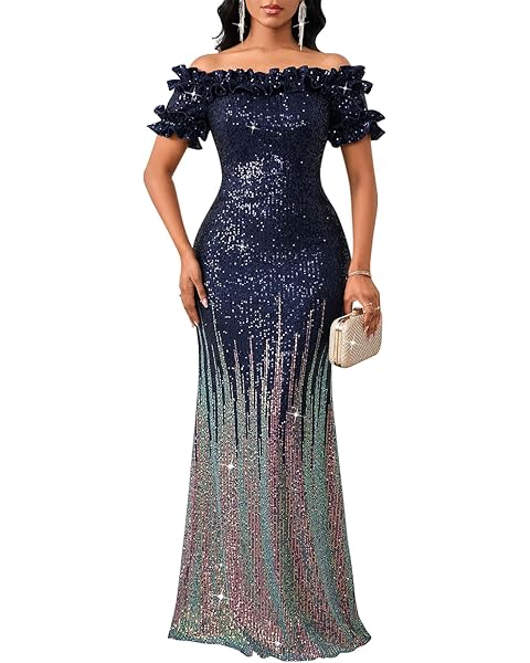 Women Sexy Sequin Off Shoulder Ruffle Short Sleeve Bodycon Mermaid Party Formal Eve...