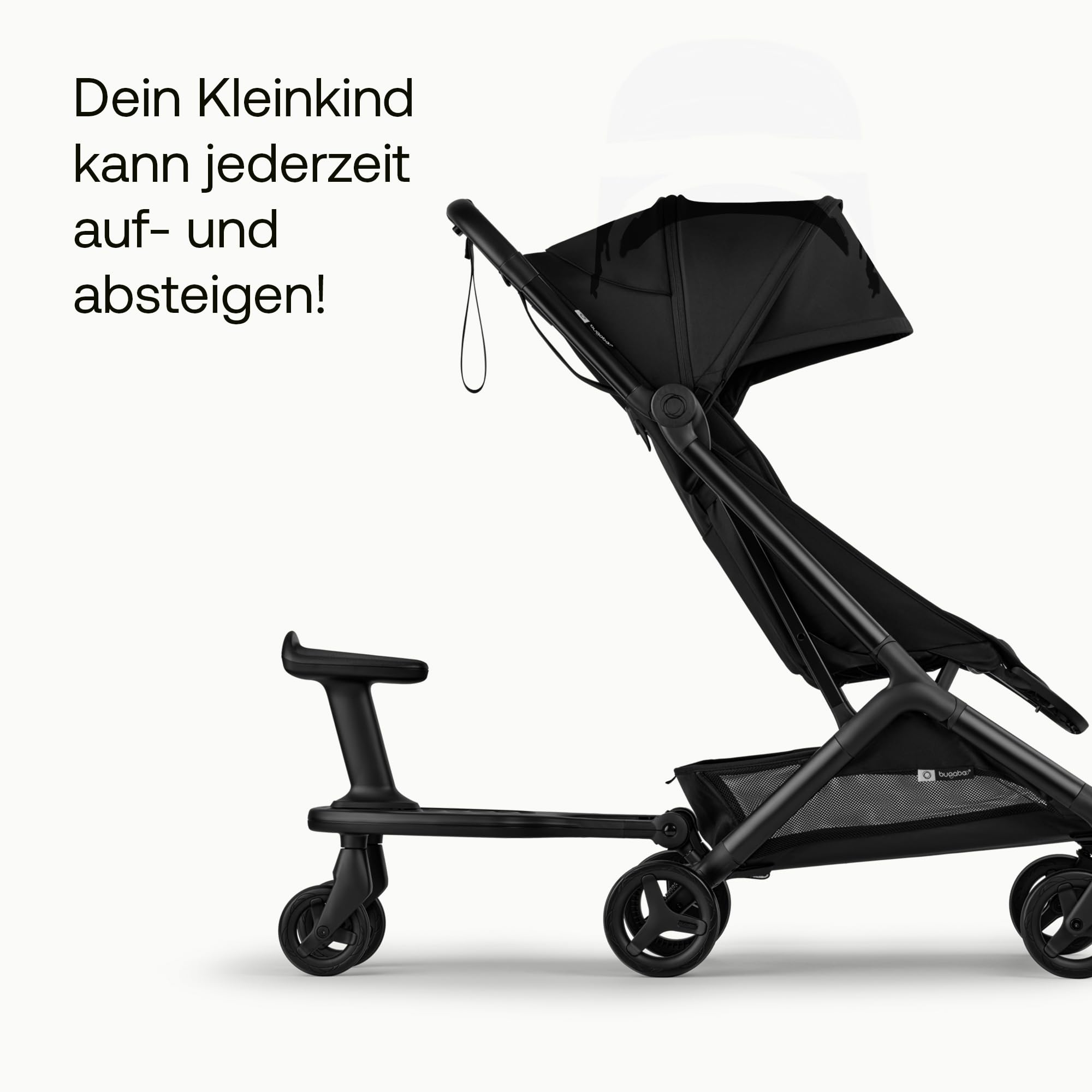 Bugaboo Komfort-Mitfahrbrett+ mit abnehmbarem Sitz – Mitfahrbrett für Kleinkinder, mit Sitz- oder Stehmöglichkeit, kompatibel mit Bugaboo Kinderwagen, zwei Räder für besonders sanfte Fahrten