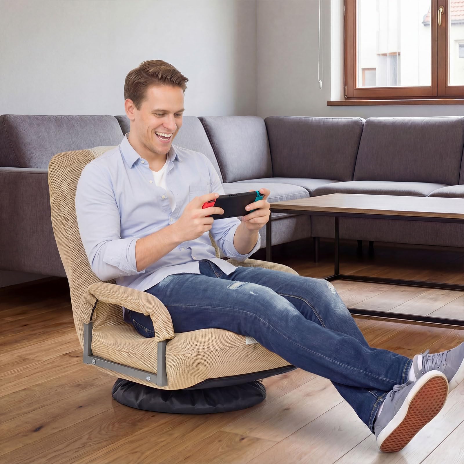 COSTWAY Sedia da Pavimento Pighevole, Sedia da Terra con Braccioli, Poltrona da Yoga Portatile e Girevole, Poltrona con Schienale Regolabile a 5+2 Livelli, Portata 150 kg (Marrone chiaro)