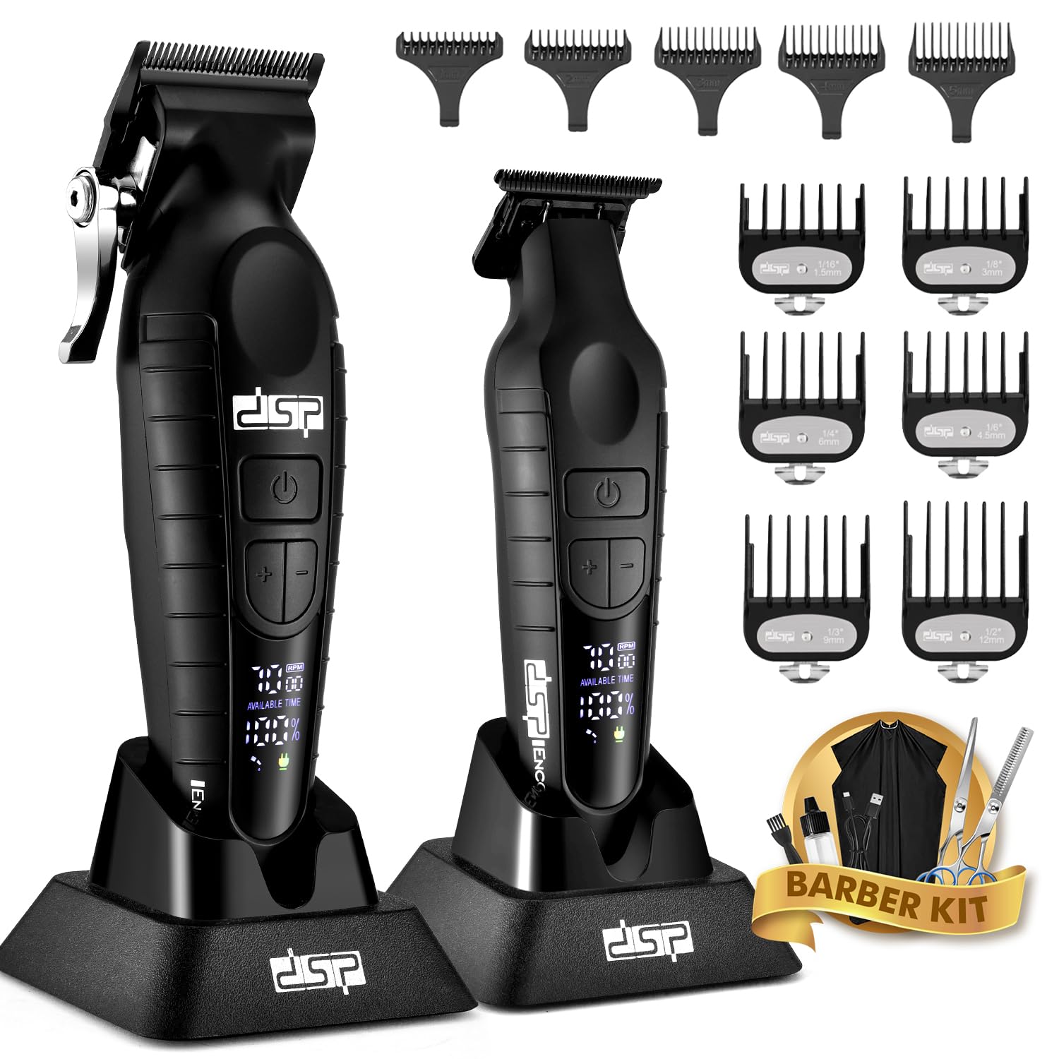 DSP Professional Hair Clippers Set for Men, Cordless Barber Clipper Beard Trimmer DLC, USB Rechargeable, Speeds Adjustable, Travel Lock, Low Noise with Charging Base Black Clipper Set