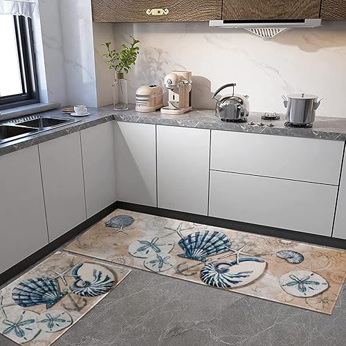 Miniatura 2 de Juego de 2 alfombras náuticas de cocina, diseño de conchas marinas con temática oceánica, alfombras decorativas para cocina, playa tropical de bajo