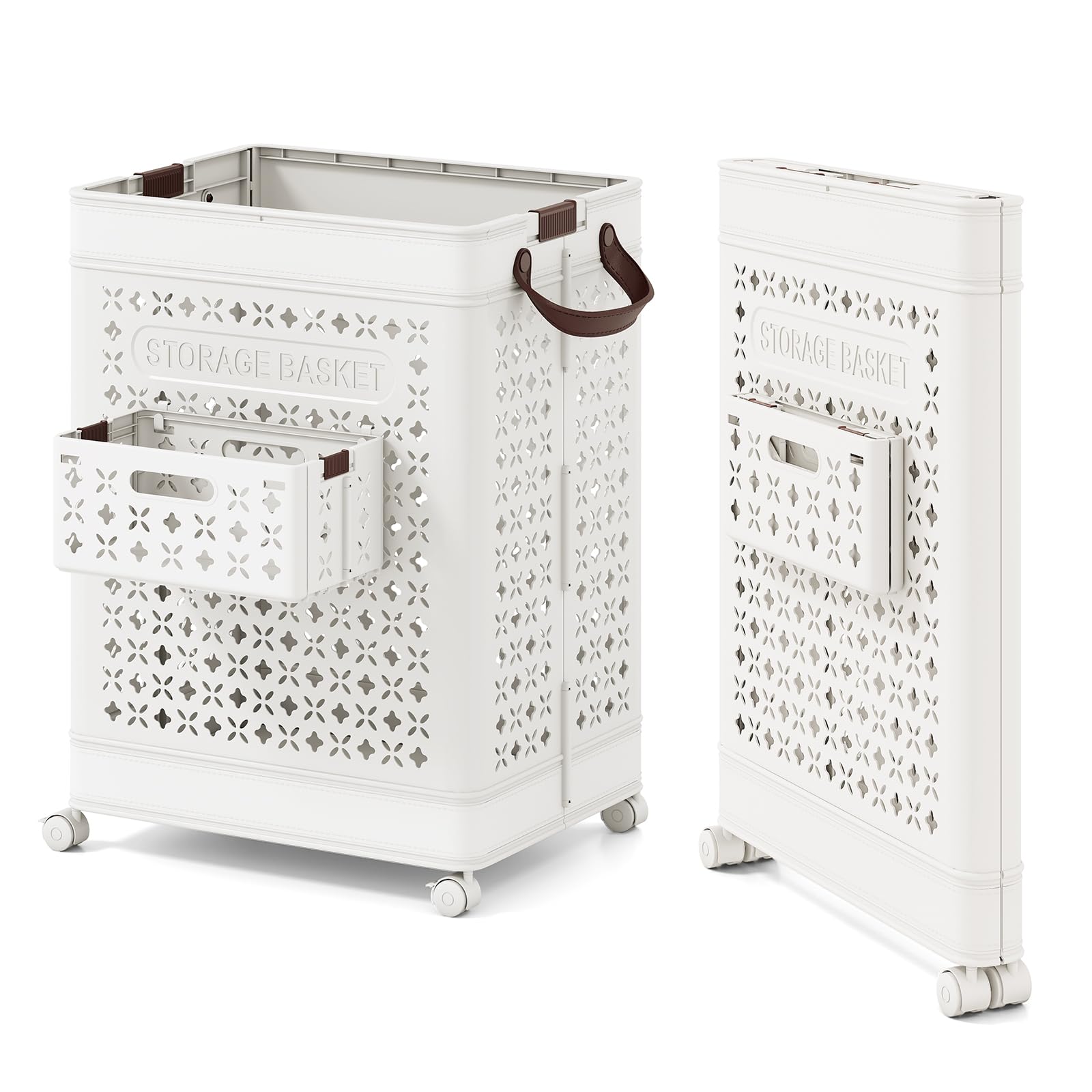 GOPLUS Cesta de Ropa Sucia Plegable, Carrito de Ropa Móvil con Cesta Lateral, Ruedas Bloqueables, Asas Convenientes, Organizador de Ropa Plegable para Lavandería, Dormitorio, Baño, Blanco