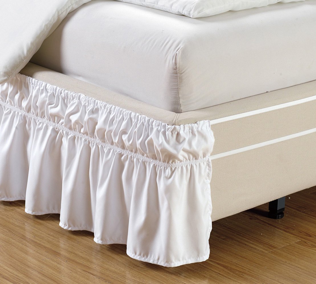 Queen / King , White : Wrap Around 15" inch fall WHITE Ruffled Elastic Solid Bed Skirt Fits All QUEEN, KING and CAL KING size bedding High Thread Count Microfiber Dust Ruffle, Soft & Wrinkle Free-picture-25
