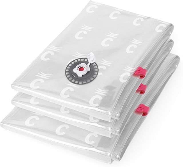 Compactor Set of 3 Space Saving Vacuum Storage Bags, Extra-flat, Size 1 x Large and 2 x Medium, 55 x 90 cm and 80 x 100 cm, Aspispace Range, Transparent, RAN4127