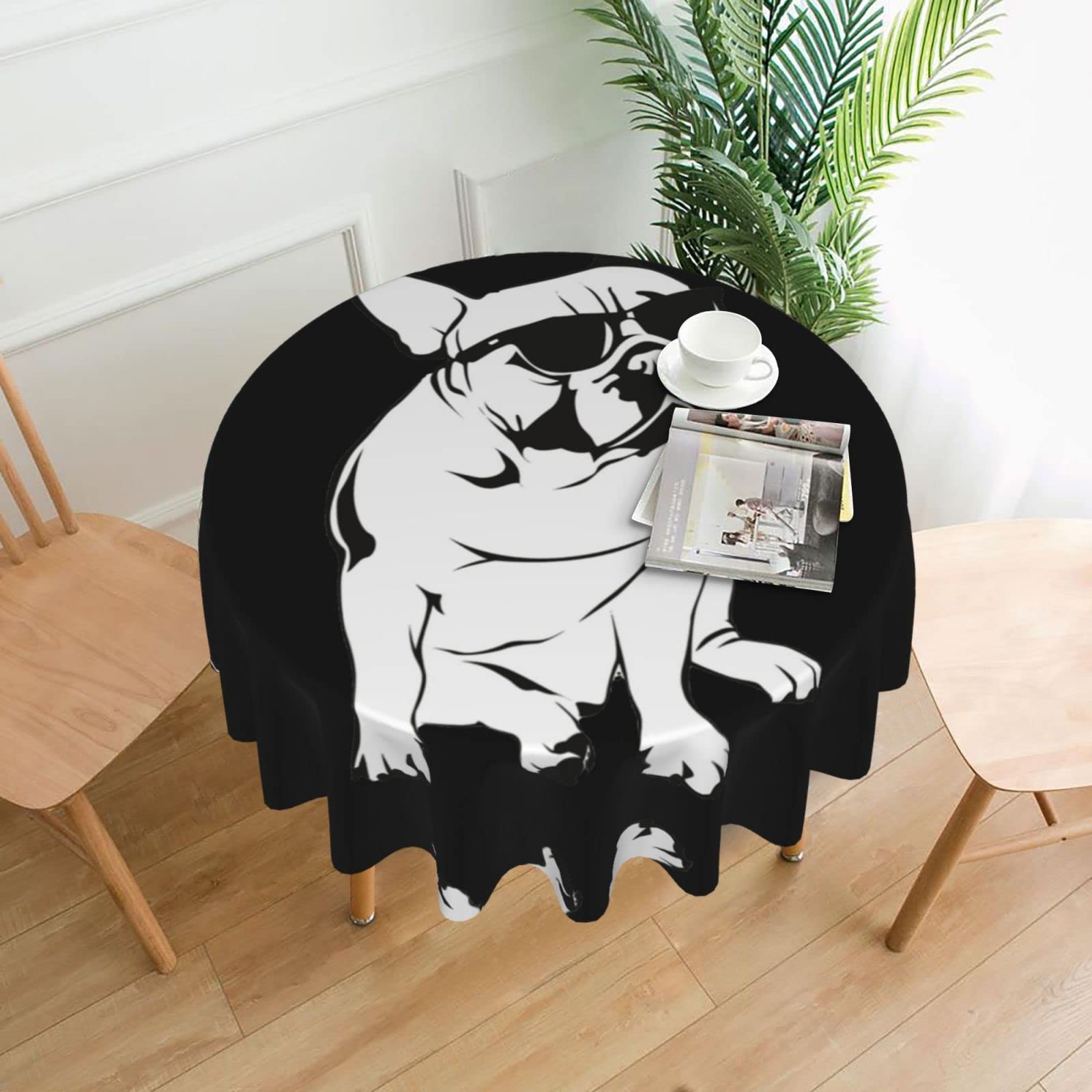 Lawenp French Dog Decorative Round Table Cloths - 60 Inches in Diameter for Buffet Tables, Parties, Holiday Dinners.