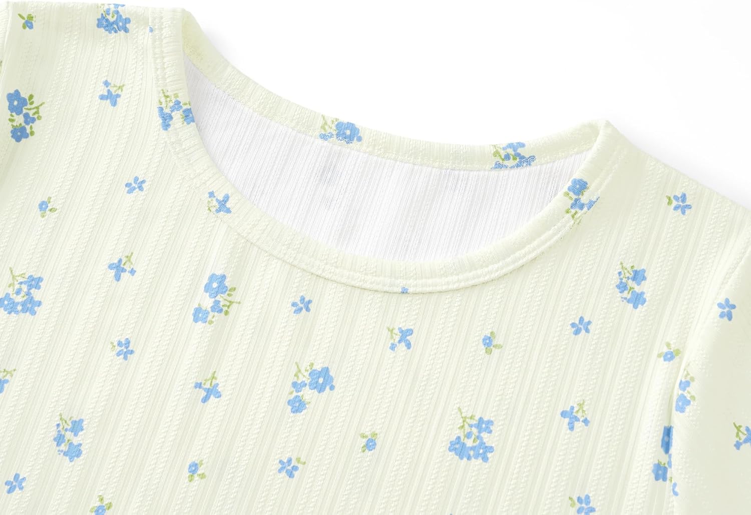 Beezizac Girls Pointelle Knit Lettuce Trim Pajama-Cute Floral/Cherry/Bow Tee & Flared Wide-Leg Pants 2-pc PJs Sizes 6-18 - Image 5