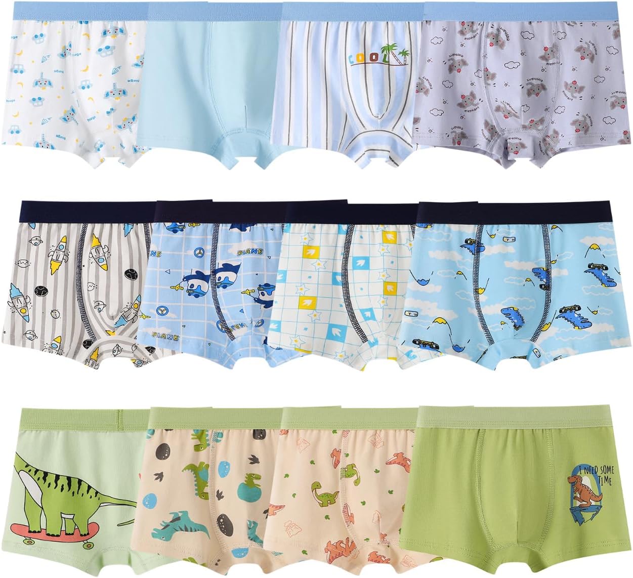 Boys Cotton Boxer Shorts Briefs 12-Pack,Soft Dinosaur Cartoon Print Underwear for Toddler to Big Kids 2-12 Years