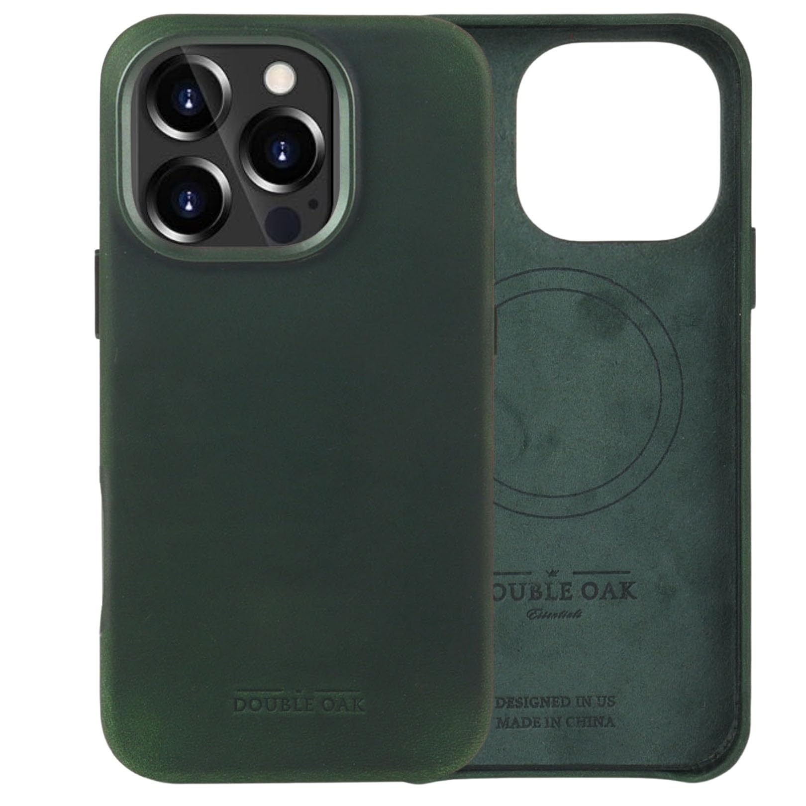 Double Oak Essentials Cowhide Leather Phone Case | Wireless Charging Capability (Green, Phone 16 Pro Max)