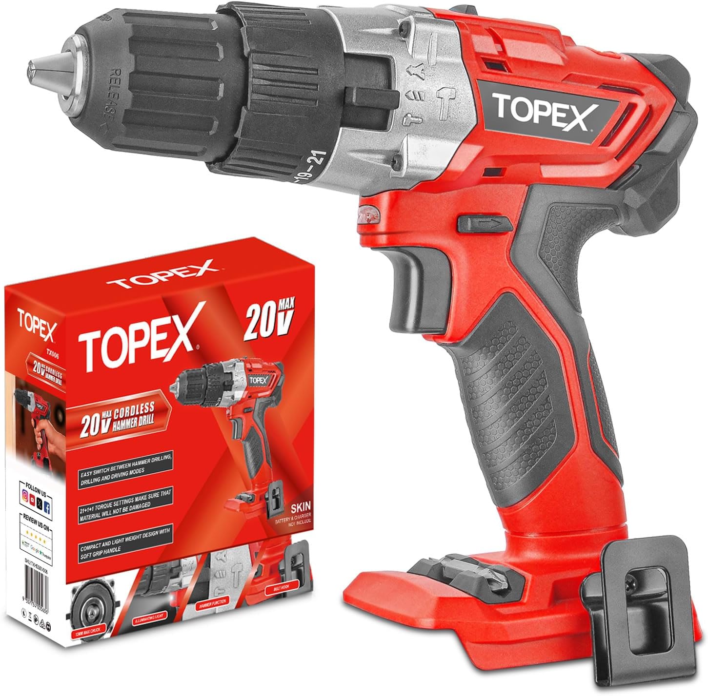 TOPEX Cordless Drill Driver Impact Hammer drill for Home, Office, Workplace, 2 Speed, 21+1+1 Torque Setting, Led Light, Electric Power Drill Driver (Skin Only-Battery and Charger NOT Included)