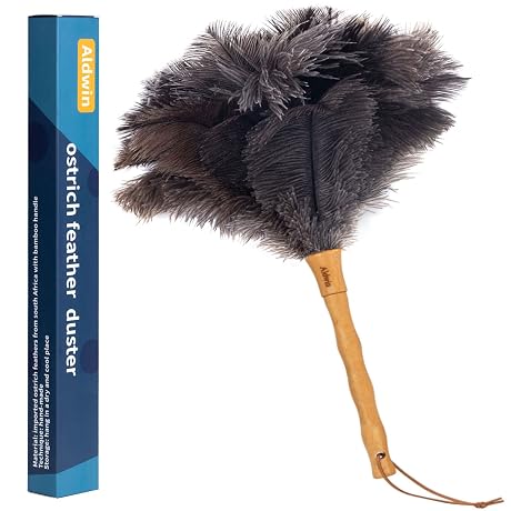 Aldwin Ostrich Feather Duster, 16 inch Ostrich Feather Duster with Wood Handle Reusable, Fluffy Natural Genuine Handheld Feather Duster for Cleaning Supplies, Home, Car, Office