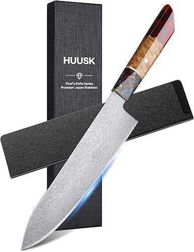 Huusk Cuchillo japonés cuchillo de cocina afilado de 8 pulgadas cuchillo japonés AUS-10 de acero de Damasco con mango único para cocinar o uso
