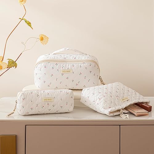 Miniatura 3 de HBselect Bolsa de maquillaje de 3 piezas para mujeres, bolsa organizadora de maquillaje de viaje grande de algodón, bonita bolsa de aseo de flores