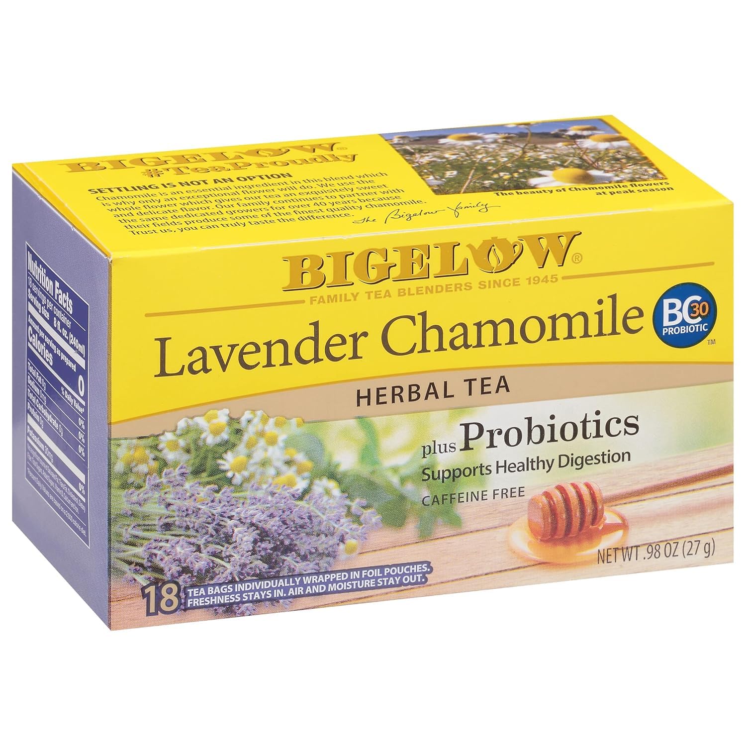 Bigelow Lavender Chamomile Herbal Tea plus Probiotics, Caffeine Free, Supports Healthy Digestion, 18 Tea Bags 27g, (Product Of USA) From DECADENT FOODS-image-49