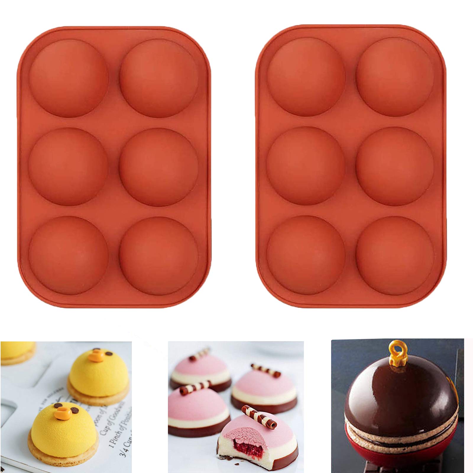 2 Pack 6 Holes Silicone Mold For Chocolate, Cake, Jelly, Pudding, Handmade Soap, Round Shape Semi Sphere Mold (RED)