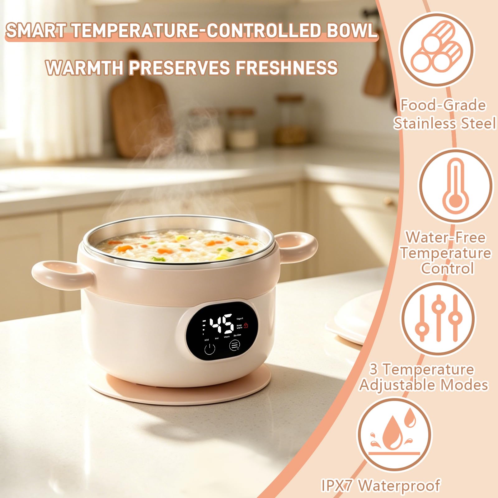 Recipiente TéRmico Para Alimentos, 470 Ml Fabricado En 304 Acero Inoxidable 3 Ajustes De Temperatura (45/50/55 °C) Resistente Al Agua Ipx7 FuncióN Yogurtera Con Pajita Tenedor Ventosa Y Cuchara