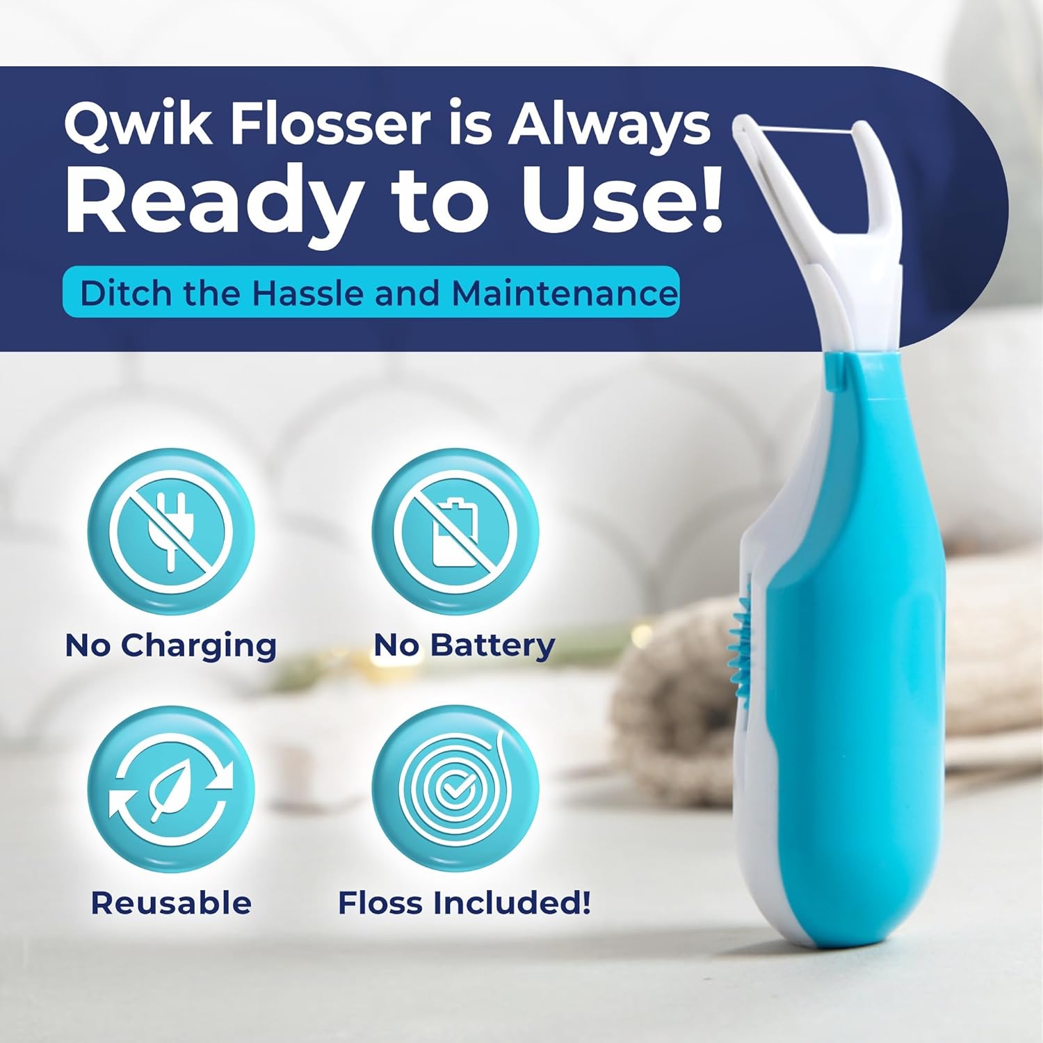 QWIK Dental Flosser | Click-to-Use, Reusable & Refillable | Pre-Loaded Floss with Travel Cover | Easy Flossing for Plaque Removal, Clean Teeth & Fresh Breath (Light Blue) - Image 2