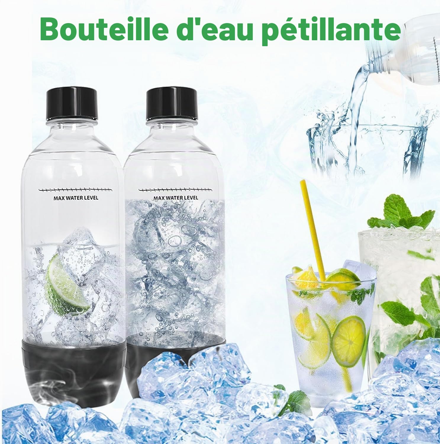 Soda Bouteilles, Lot de 3 Bouteilles de Soda Maker de 1L, Bouteille de Boisson Gazeuse de Rechange en PET Réutilisables, Bouteilles pour Machine à Soda sans BPA