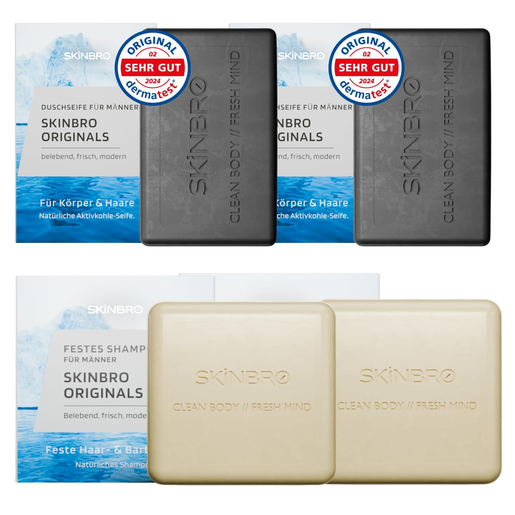 SKINBRO Set: 2x Festes Duschgel Aktivkohle & 2x Festes Shampoo Männer – Sportlich & Frisch – Vegane 4-in-1 Pflege für Haar, Bart & Körper – Nachhaltig