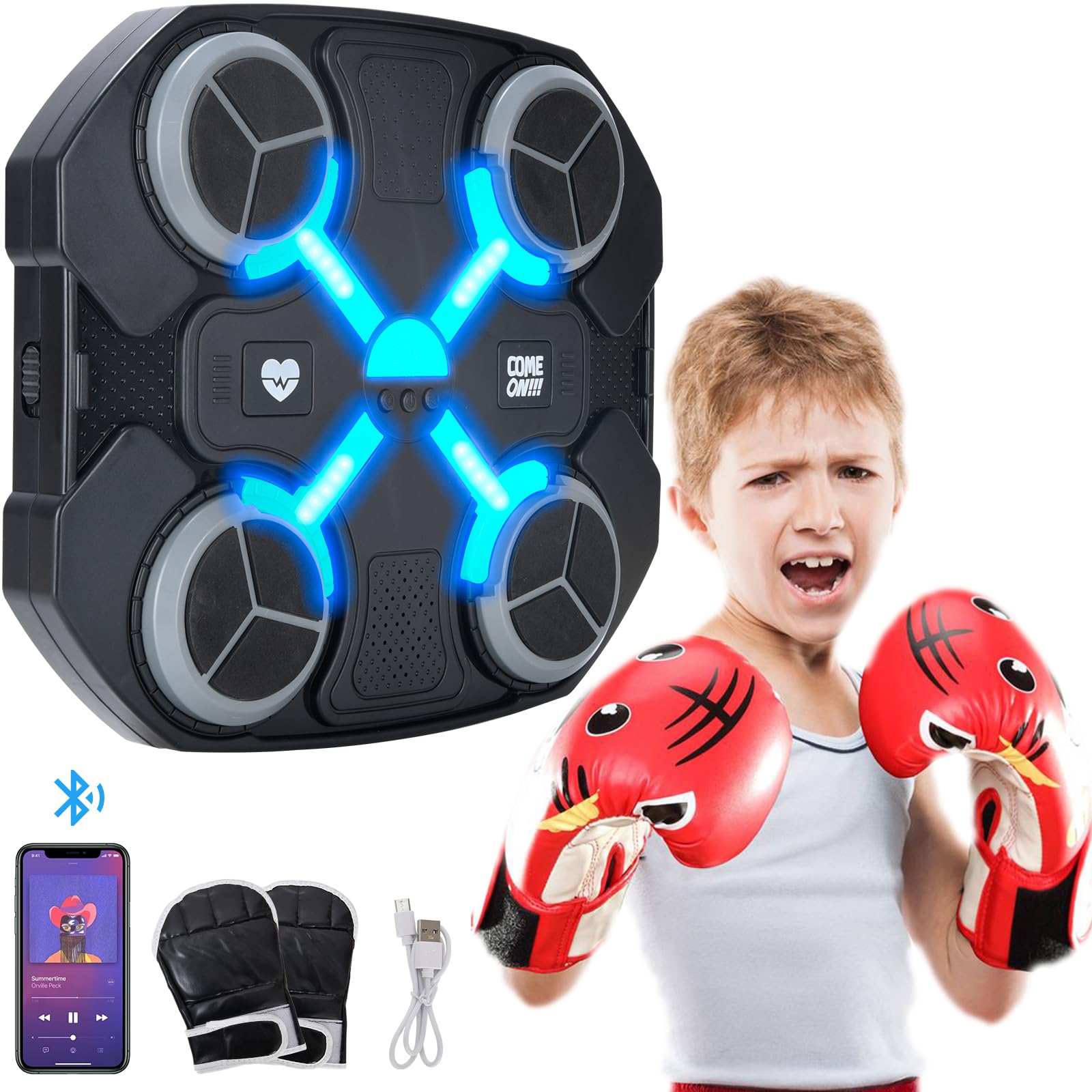 Music Boxing Machine mit Boxhandschuhen für Kinder, Boxmaschine mit Musik, Musikalische Boxmaschine zur Wandmontage mit Bluetooth & LED-Licht, USB-Aufladung