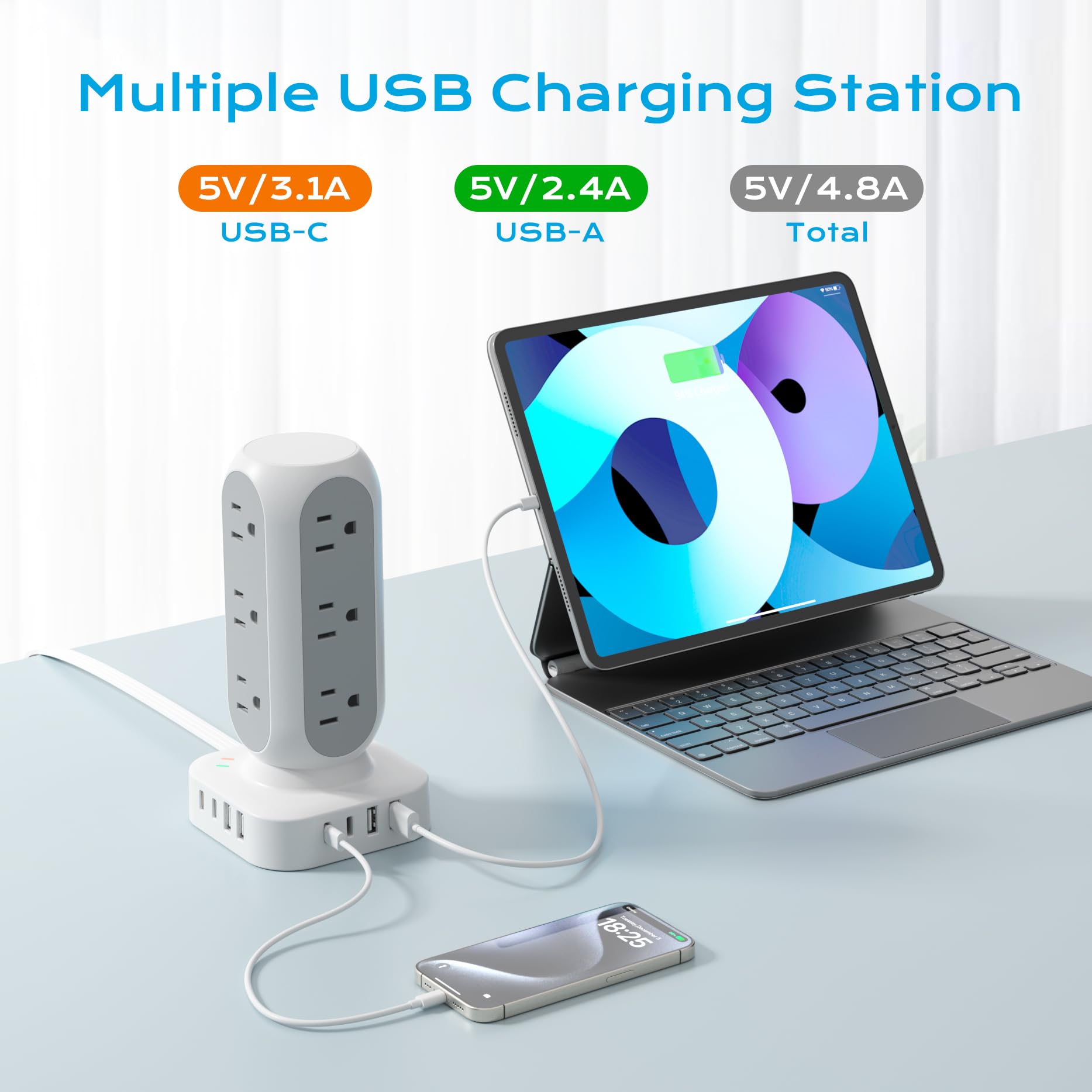 Tira de alimentación con protector de sobretensiones de torre, cable de extensión de 10 pies con múltiples tomas, extensor de enchufe plano con 12 salidas de CA y 8 puertos USB, estación de carga