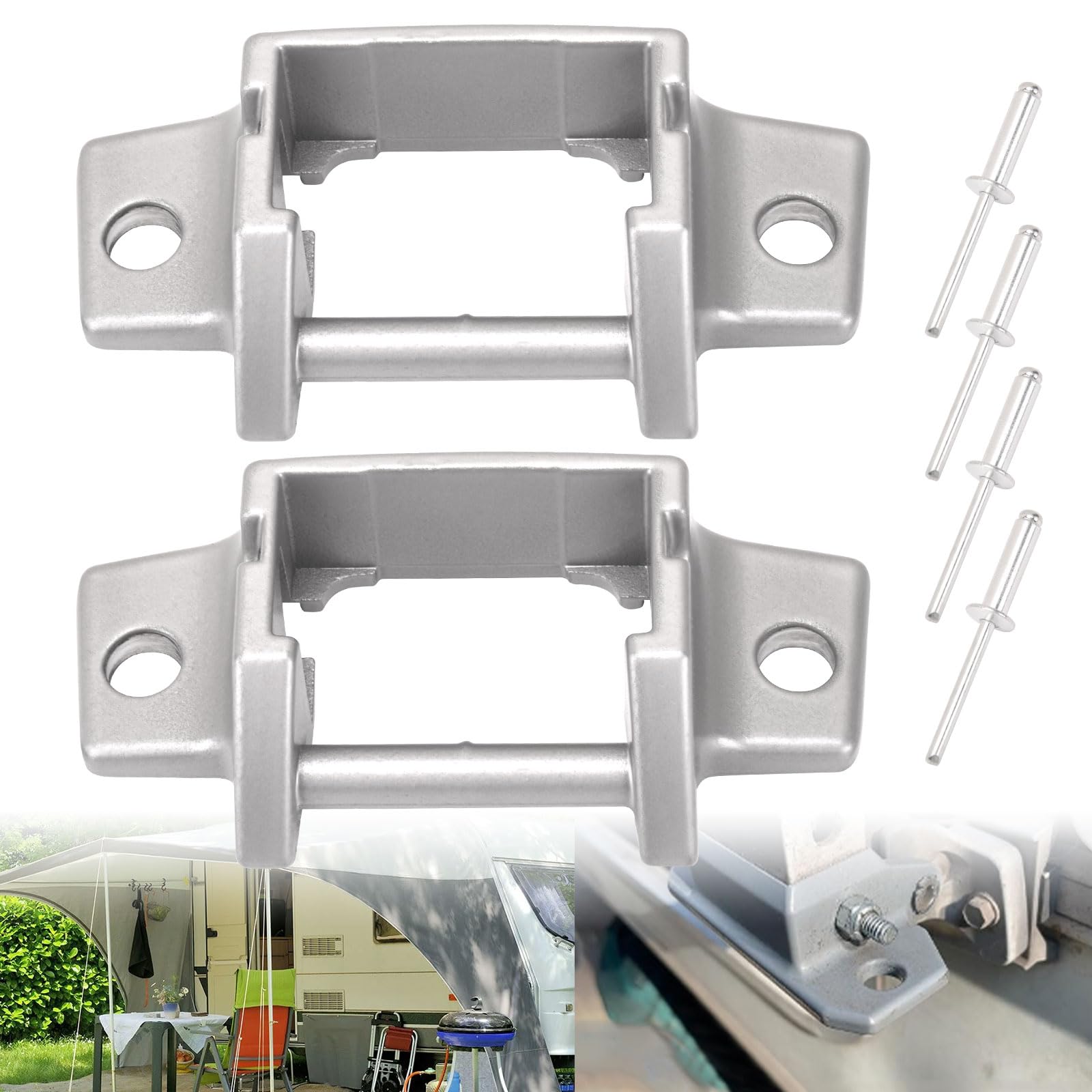 2 Stück Wohnmobil-Markisen-Halterungen mit 4 Nieten, Ersatz für Do-Metic A/E Serie 8300 8500 8700 9000 Markisen passend für 3310811.009M 4453000044 3108708 RHA620