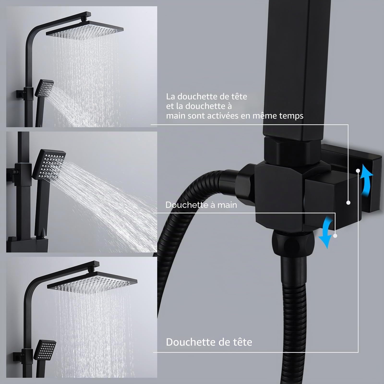 HOMELODY Colonne de Douche Noir Sans Mitigeur Pluie Mélangeur Acier Inoxydable Ensemble de Douche Salle de Bain Angulaire Ajustable Colonne Douche Sans Robinetterie avec Pommeau de Douche