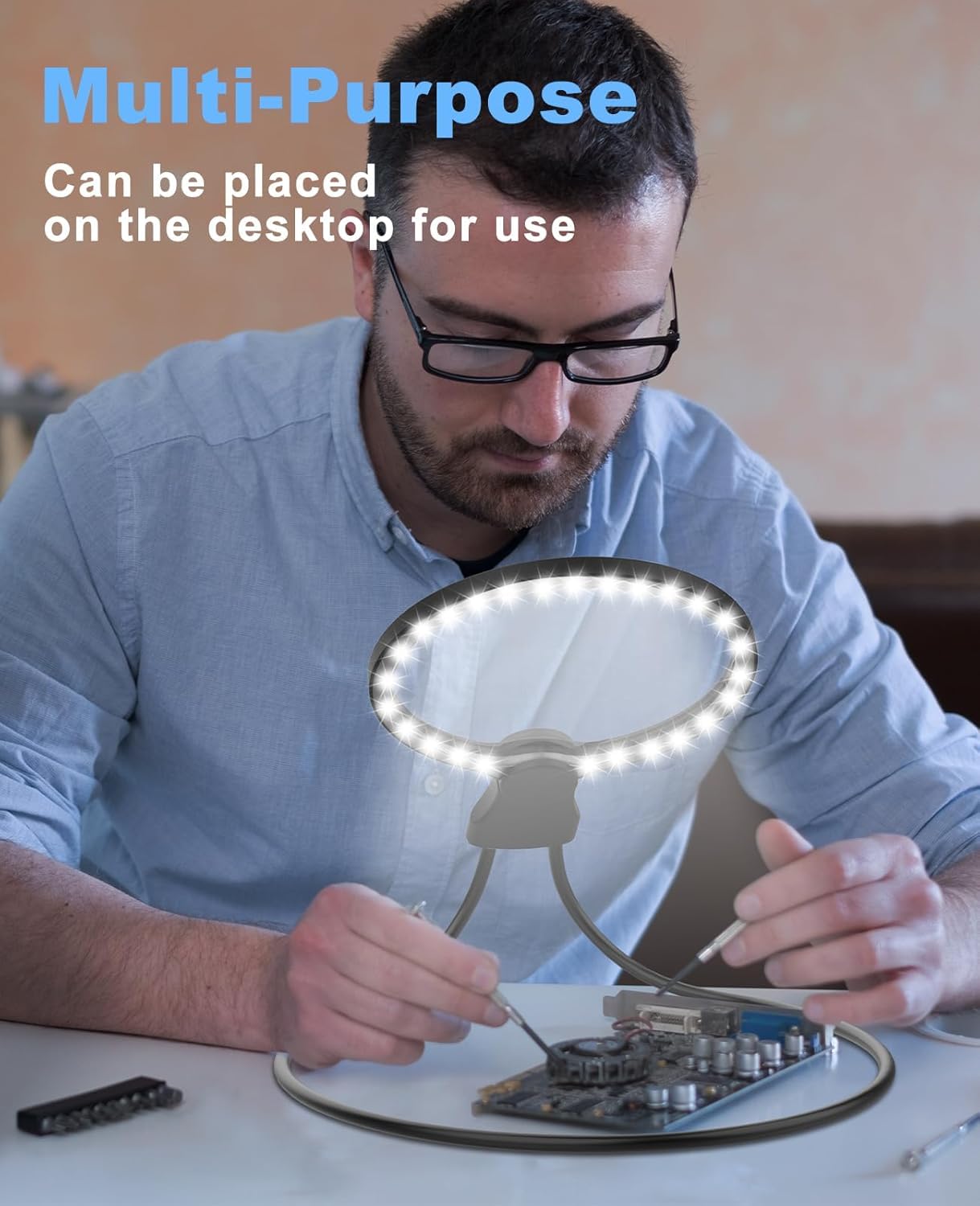 Lupa manos libres 5X con 24 luces LED, lupa recargable de 5.1 pulgadas con cuello de cisne flexible para uso en el cuello, lupa de página grande para personas mayores leer, reparar, coser, punto de