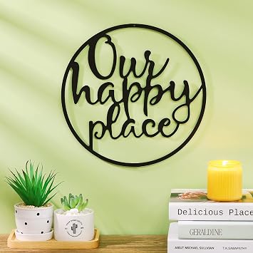 Hotop Our Happy Place Metal Wall Sign Metal Hanging Art Outdoor Plaque Wall Decor Lettering Home Sign for Home Living Room, Bedroom, Kitchen, Shop and MoreClassic Style,Black