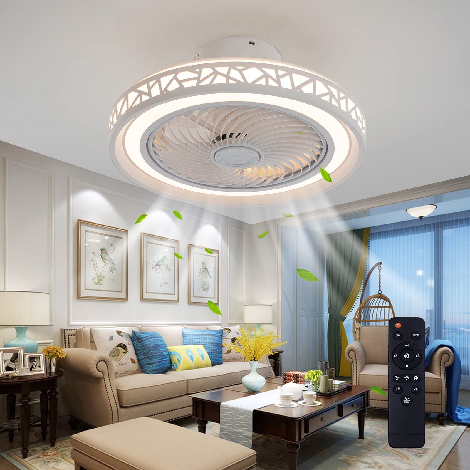 JUTIFAN Ceiling Fan With Lights Remote Control 20" LED Thin Enclosed