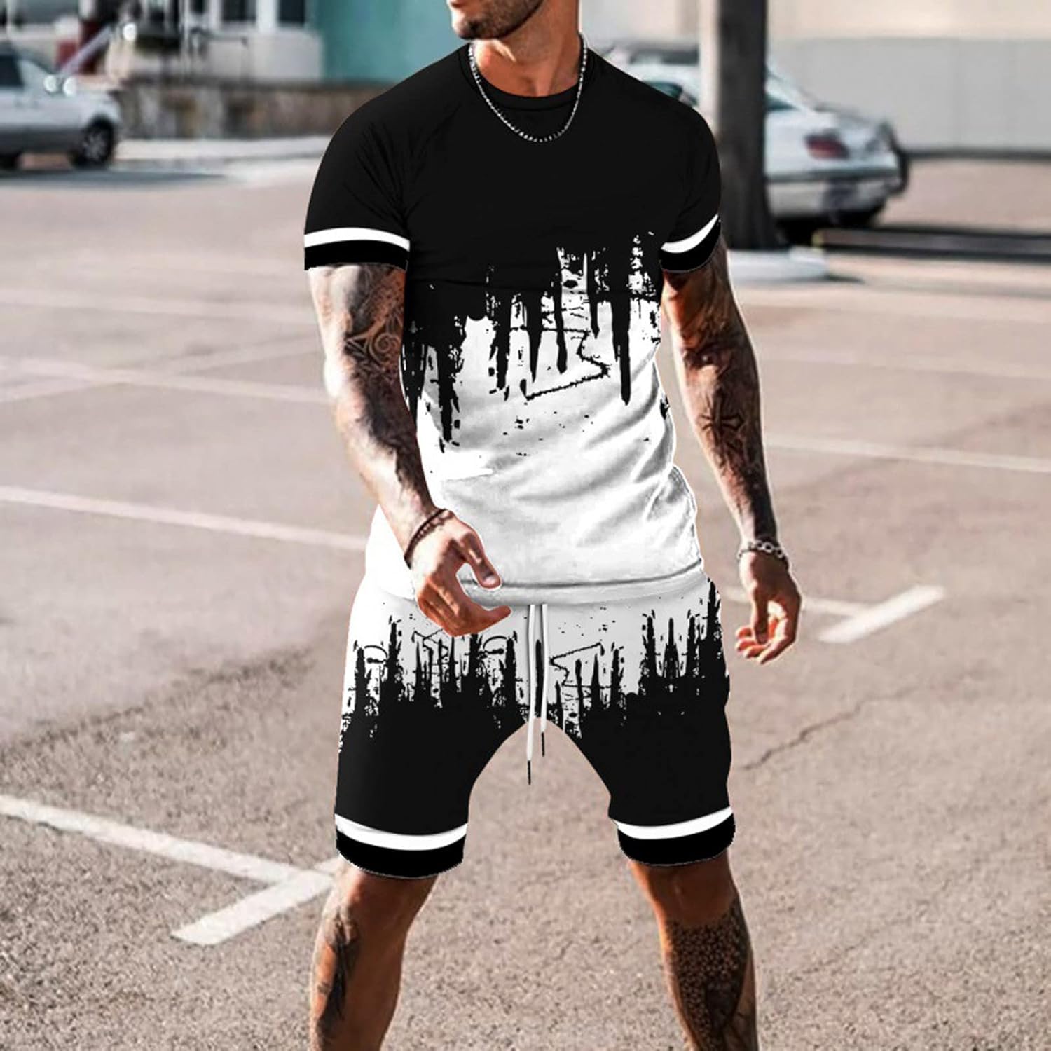 Vista 2 de Traje deportivo para hombre camiseta y pantalones cortos conjunto de dos piezas estampado de moda manga corta casual pantalones cortos