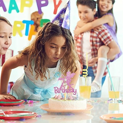 Miniatura 4 de Decoración para tarta de 7 cumpleaños con purpurina rosa, decoración de pastel de 7 años para niña, decoración de fiesta temática de jardín de hadas