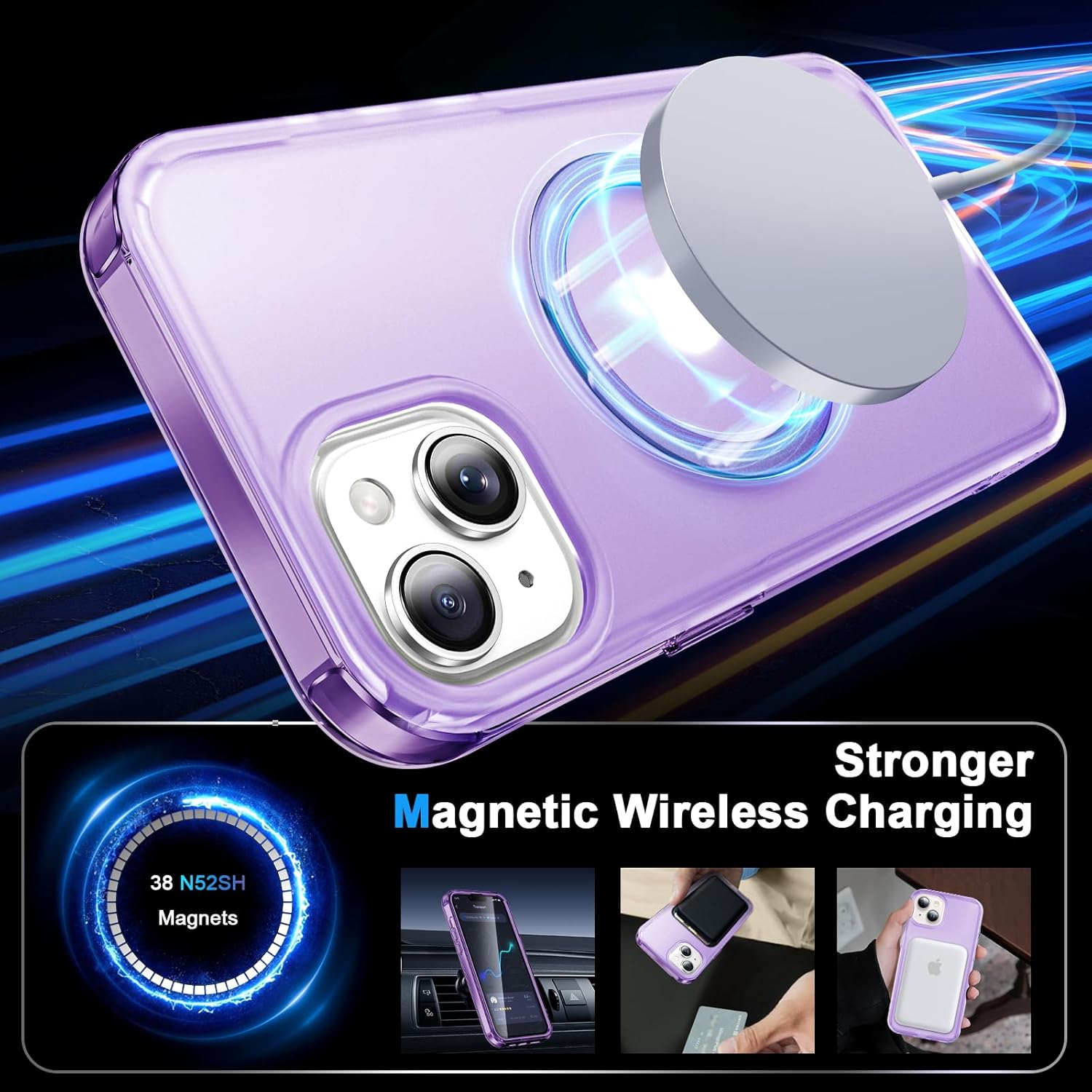 for iPhone 14/13 Full Body Shockproof Case with Magnetic Invisible Stand [Compatible with MagSafe] Built-in Screen Protector Military Drop ProtectionTranslucent Phone Cover -Purple - Image 2