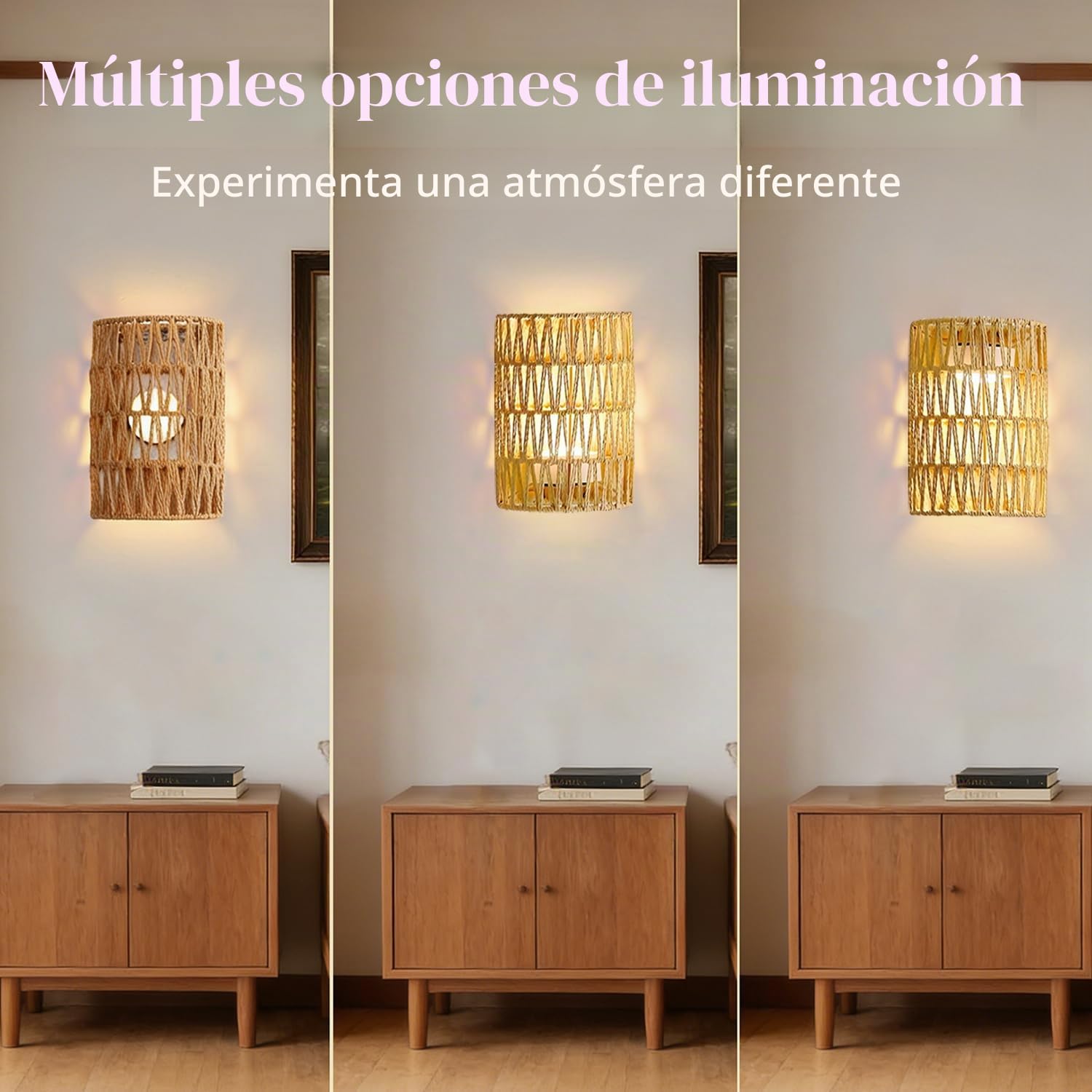 2 lámparas de pared de ratán, estilo bohemio, con batería, sin conexión de alimentación, RGB, regulables, con mando a distancia, retro, para dormitorio, salón, pasillo