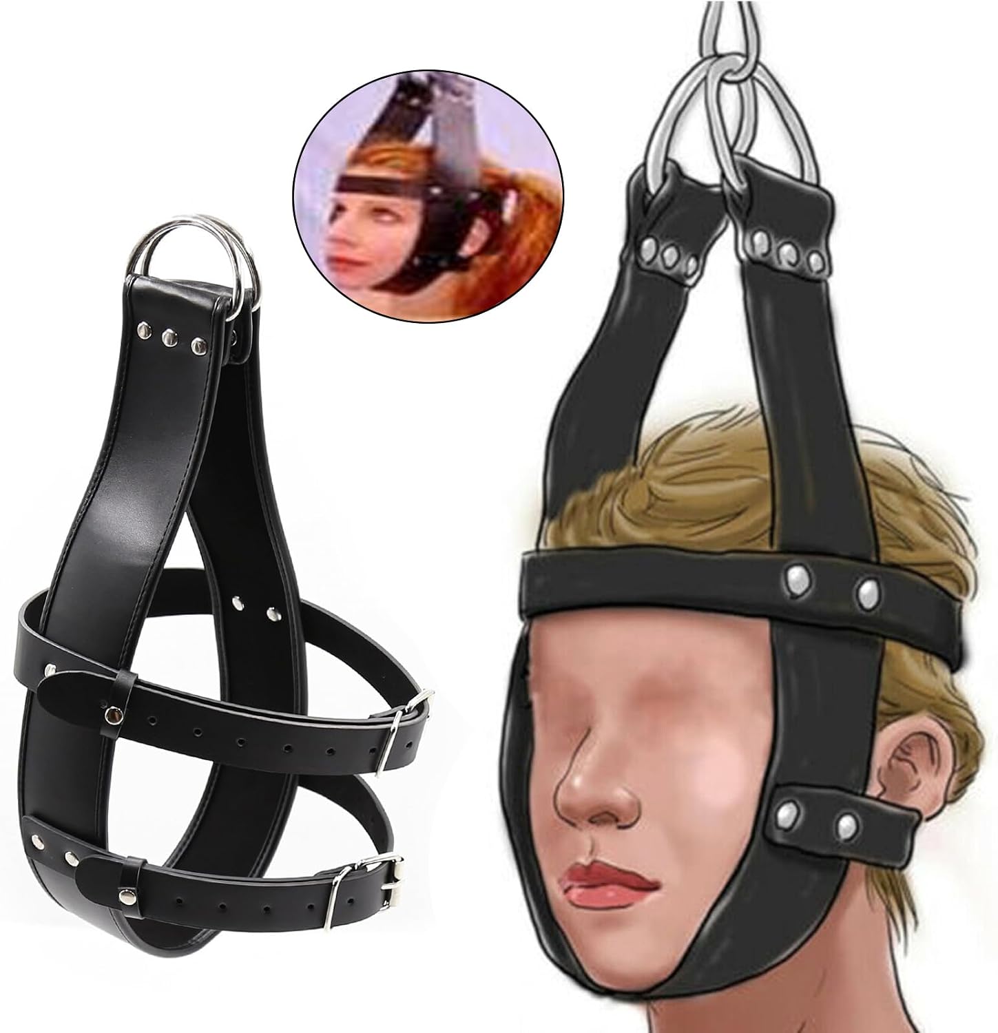 MFMYEE Bondage Hood Harness, Restraints Head Suspension, Leather Slave Constraint Collar, Fetish Mask, BDSM Cosplay Sex Toys